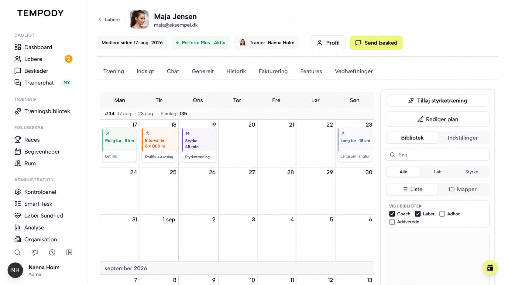 Tempodys administrationsapp med atletprofil og træningskalender