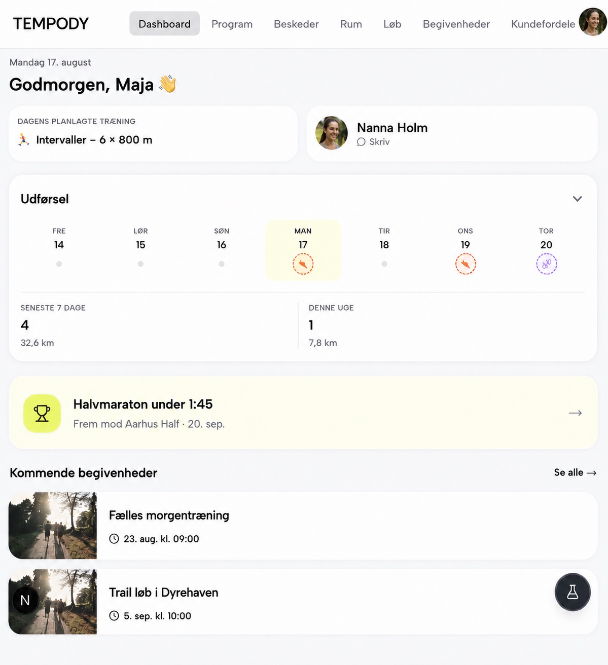 Tempodys runner-app med dagens træning, coach og udvikling
